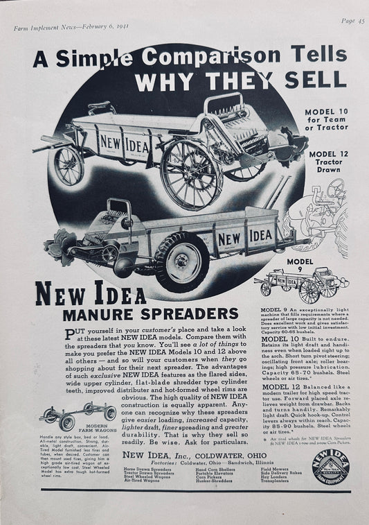 1941 New Idea Manure Spreaders Models 9, 10 & 12 Vintage Ad #5043