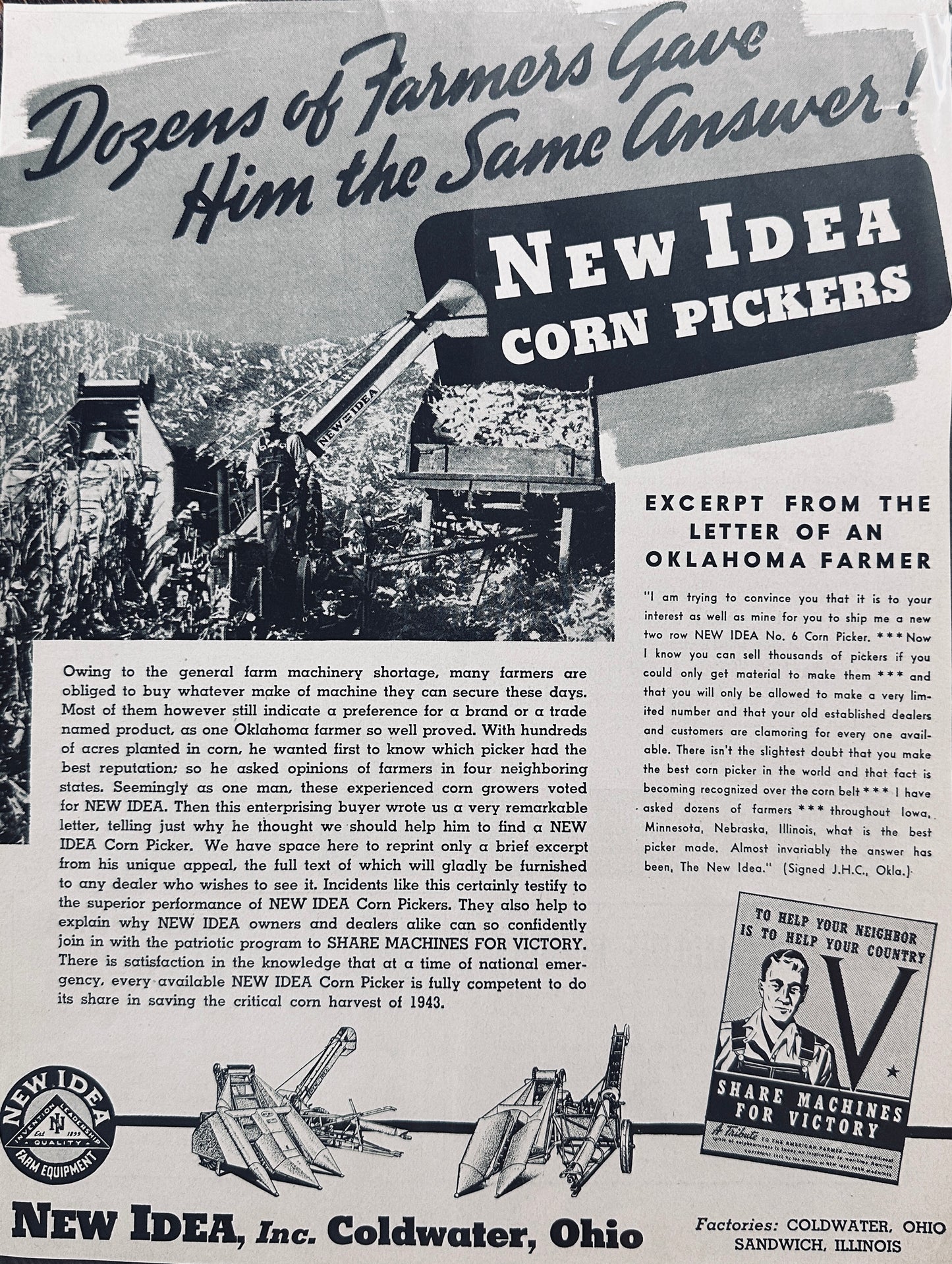 1943 New Idea Corn Pickers - Share Your Machines For Victory WWII Ad N709