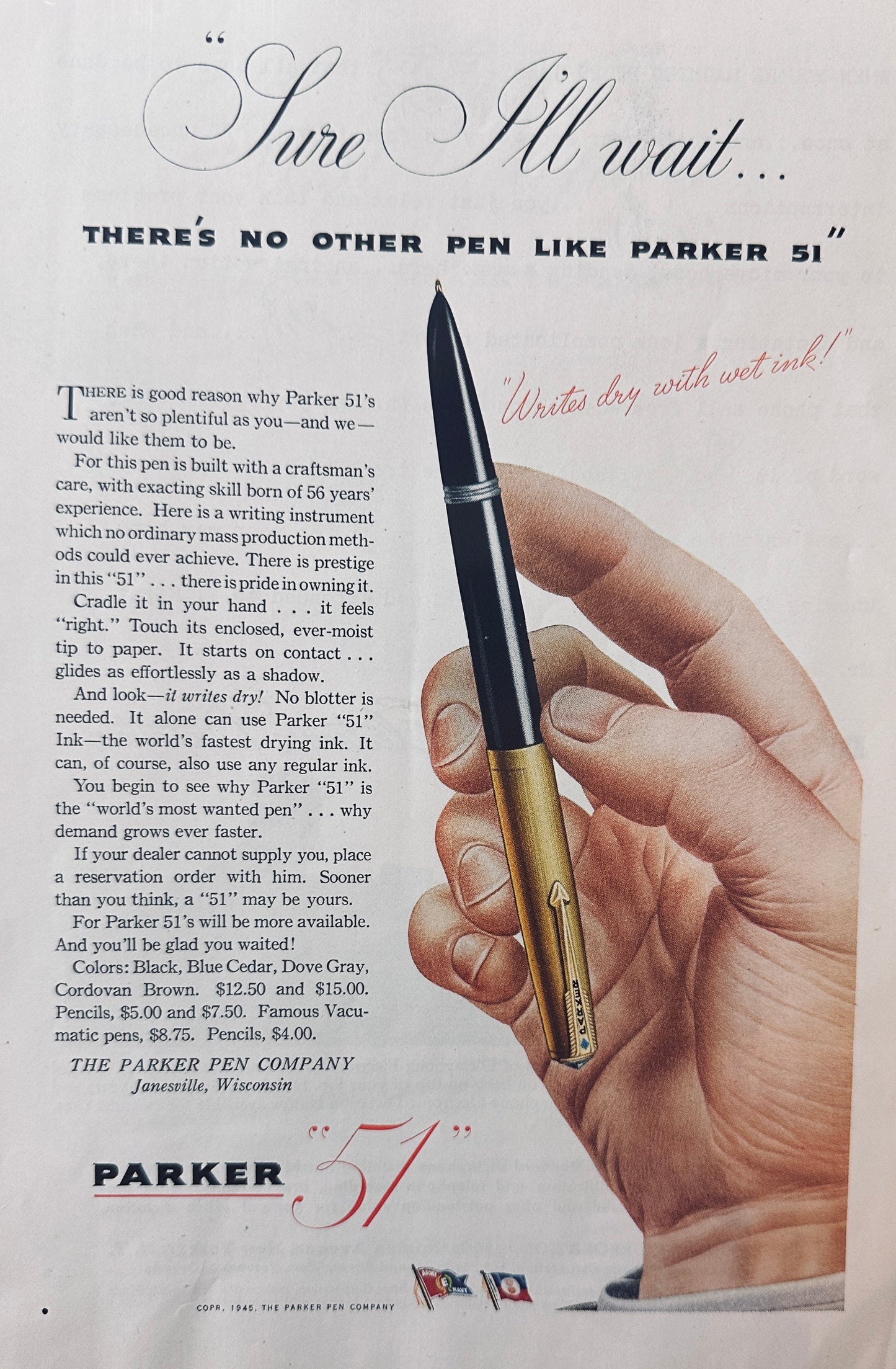 1945 Parker "51" Sure I'll Wait Vintage Ad N761