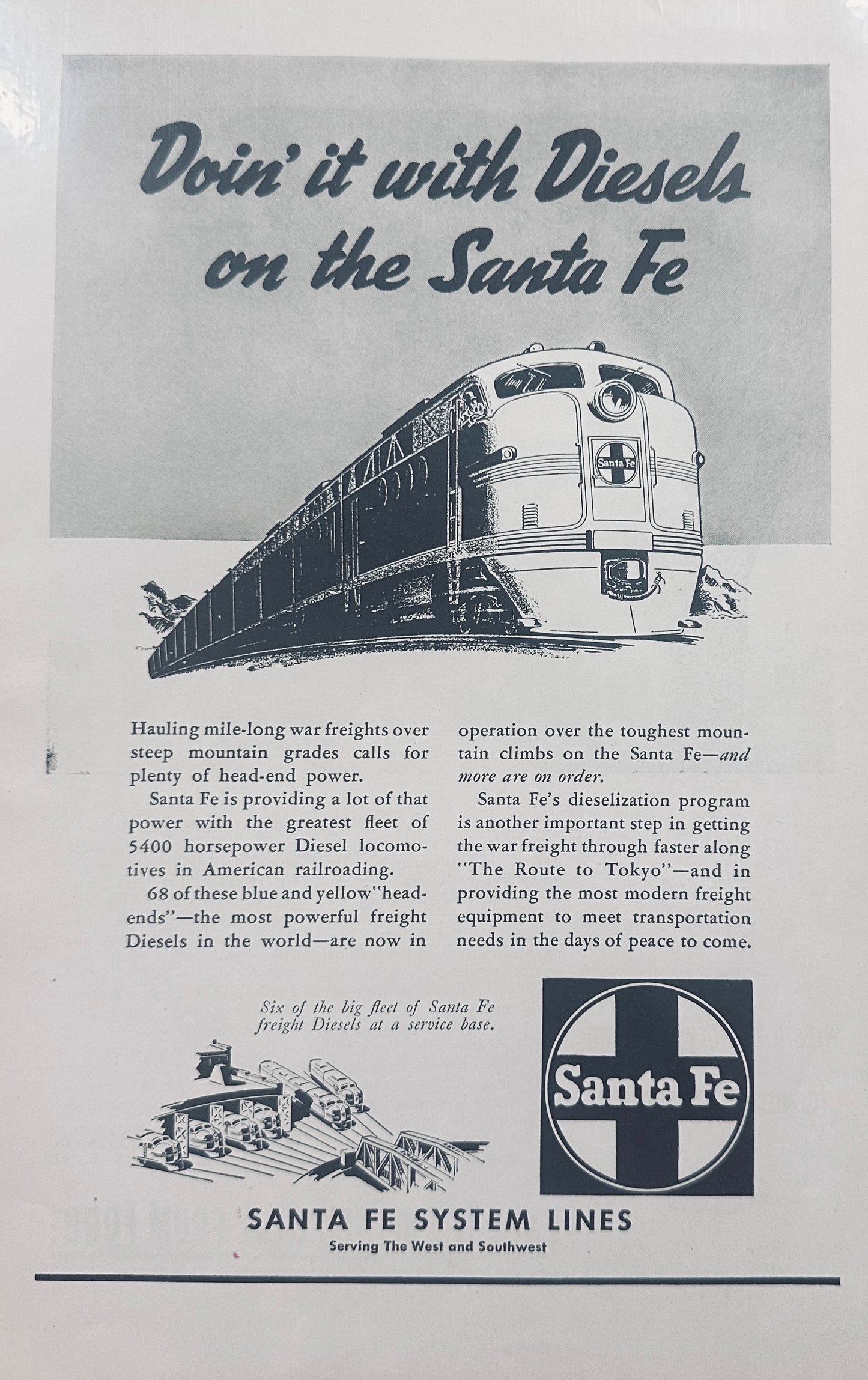 1945 Doin' It With Diesels on the Santa Fe Vintage WWII Era Ad N814