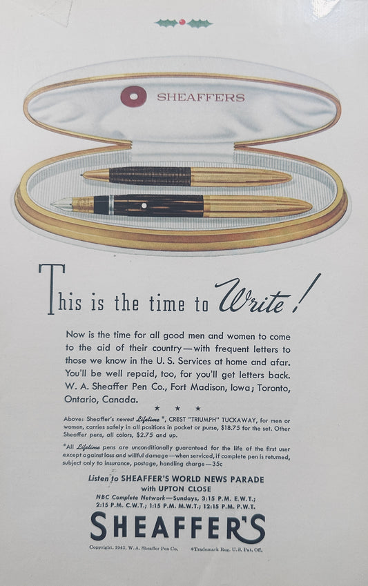 1942 WWII Era Sheaffer's Pen Set - This is the Time to Write Vintage Ad