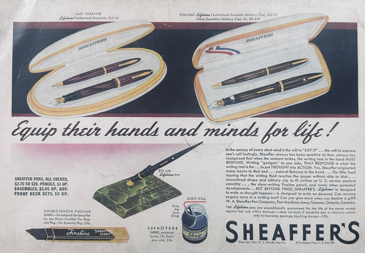 1942 Sheaffer's Pen Sets - Lady Sheaffer & Vigilant Vintage Ad N838