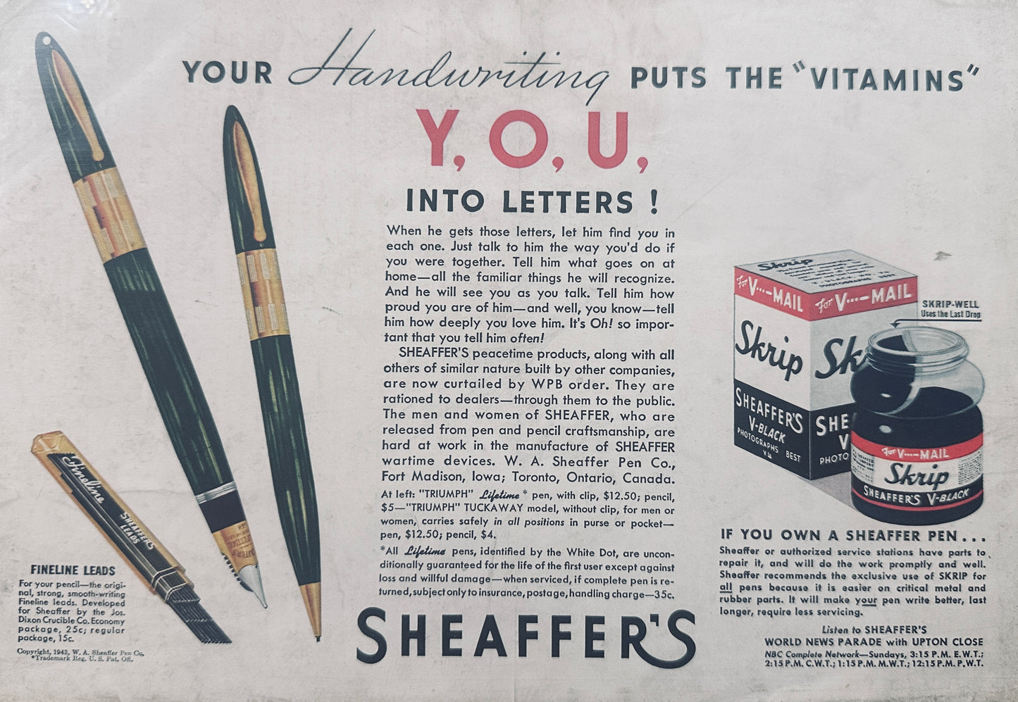 1943 Sheaffer's Triumph Tuckaway & Skrip Ink Vintage Ad N839