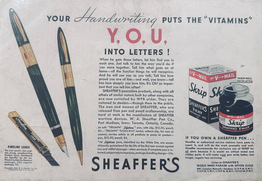 1943 Sheaffer's Triumph Tuckaway & Skrip Ink Vintage Ad N839