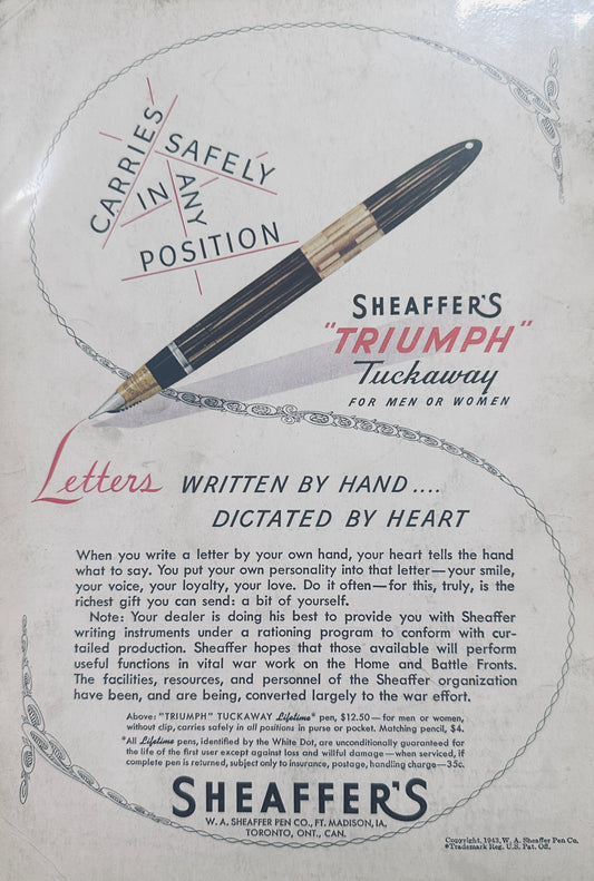 1943 Sheaffer's Triumph Tuckaway Carrier Safely in Any Position Vintage Ad N841