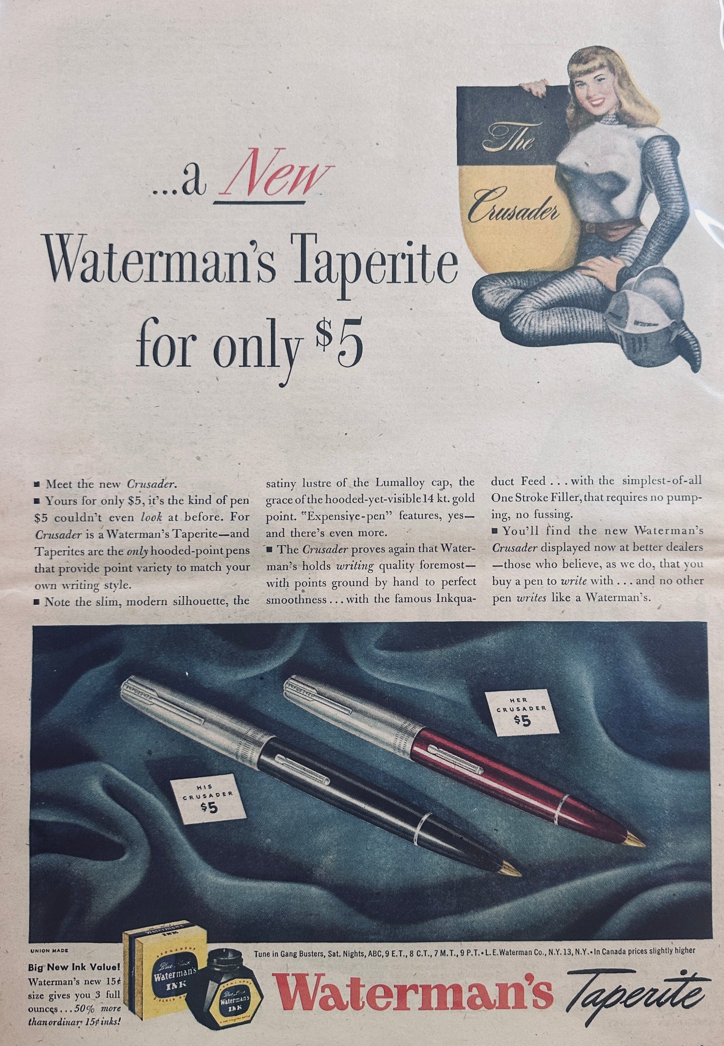 1947 Masterpiece Ad of Yesteryear - Waterman's Taperite Crusader #653