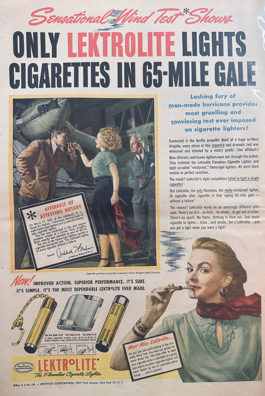 1947 Masterpiece Ad of Yesteryear - #656 - Lektrolite Cigarette Lighter