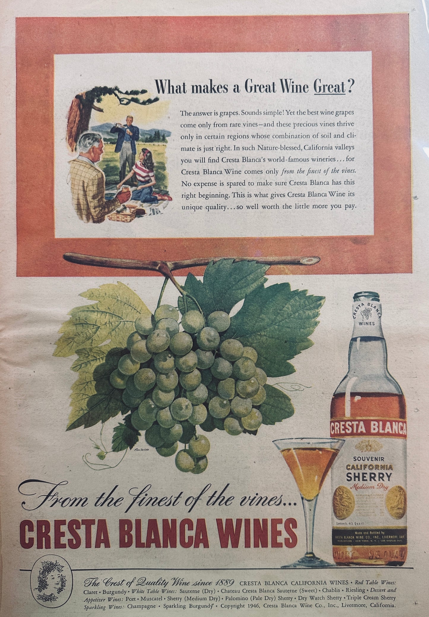 1946 - Masterpiece Ad of Yesteryear - Cresta Blanca Wines - #659