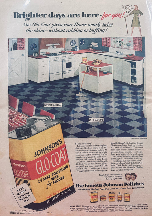 1947 Johnson's Glo-Coat Wax - Vintage Kitchen Decor Magazine Ad #676