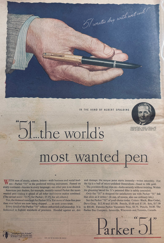 1947 #688 Parker "51" Fountain Pen Masterpiece Ad of Yesteryear