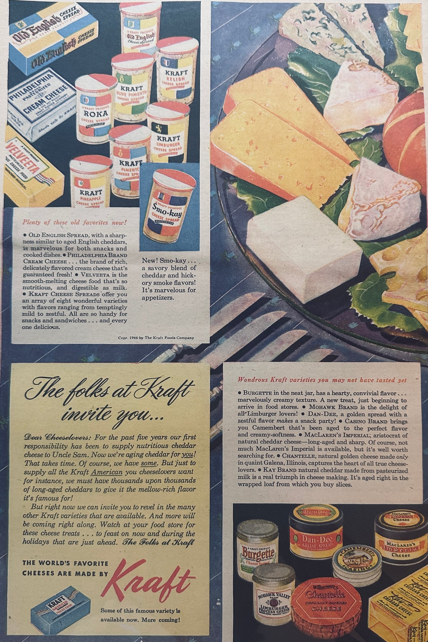 1946 Masterpiece Ad of Yesteryear #713 Kraft Cheese & Spreads