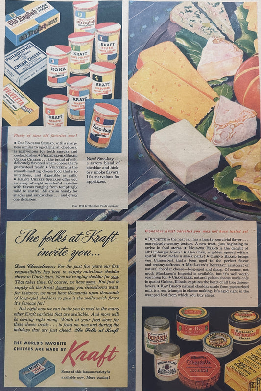 1946 Masterpiece Ad of Yesteryear #713 Kraft Cheese & Spreads