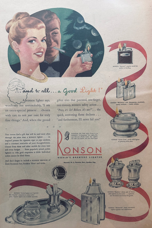 1946 Masterpiece Ad of Yesteryear - Ronson  Cigarette Lighters #715