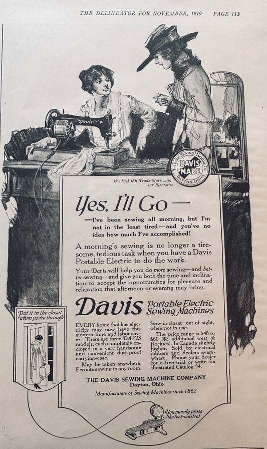 1919 Lot of (2) Davis Treadle Sewing Machine Ads N832