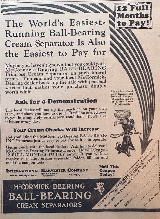 1928 Lot of (2) McCormick-Deering Cream Separator Vintage Ads N628