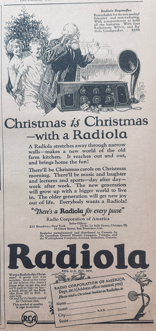 1924 RCA Radiola for Christmas Vintage Ad N811