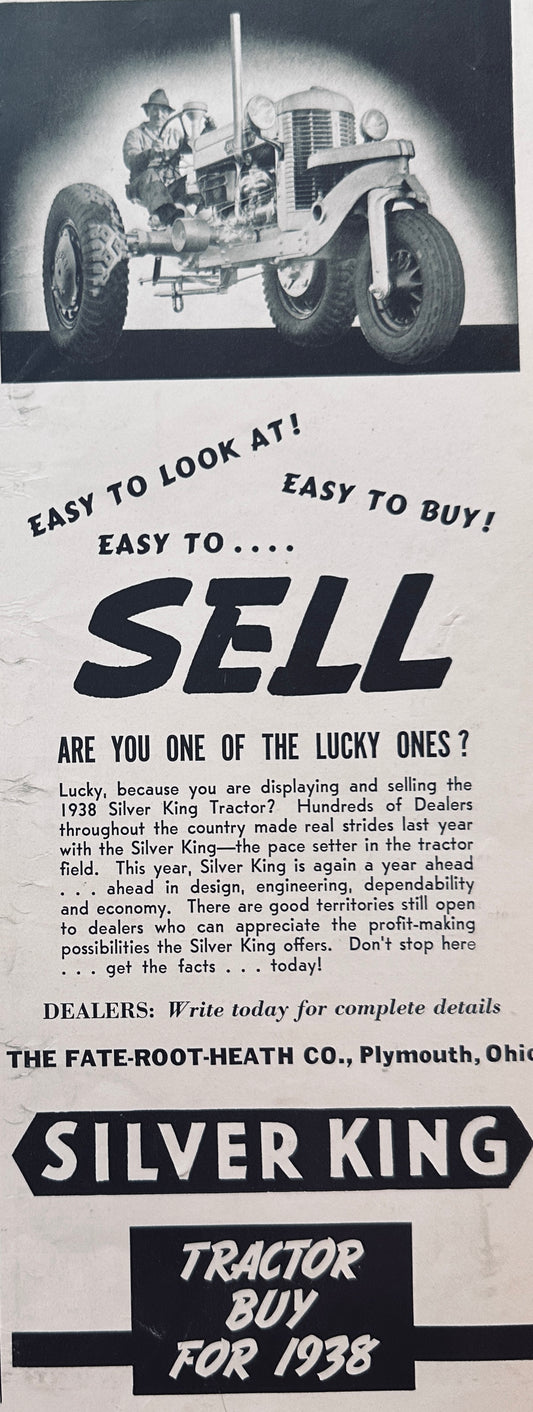 1938 Silver King Tractor Fate-Root-Heath Co of Plymouth Ohio Vintage Ad N856