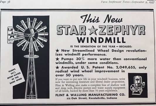 1937 Star * Zephyr Windmill Vintage Ads Kendallville, IN