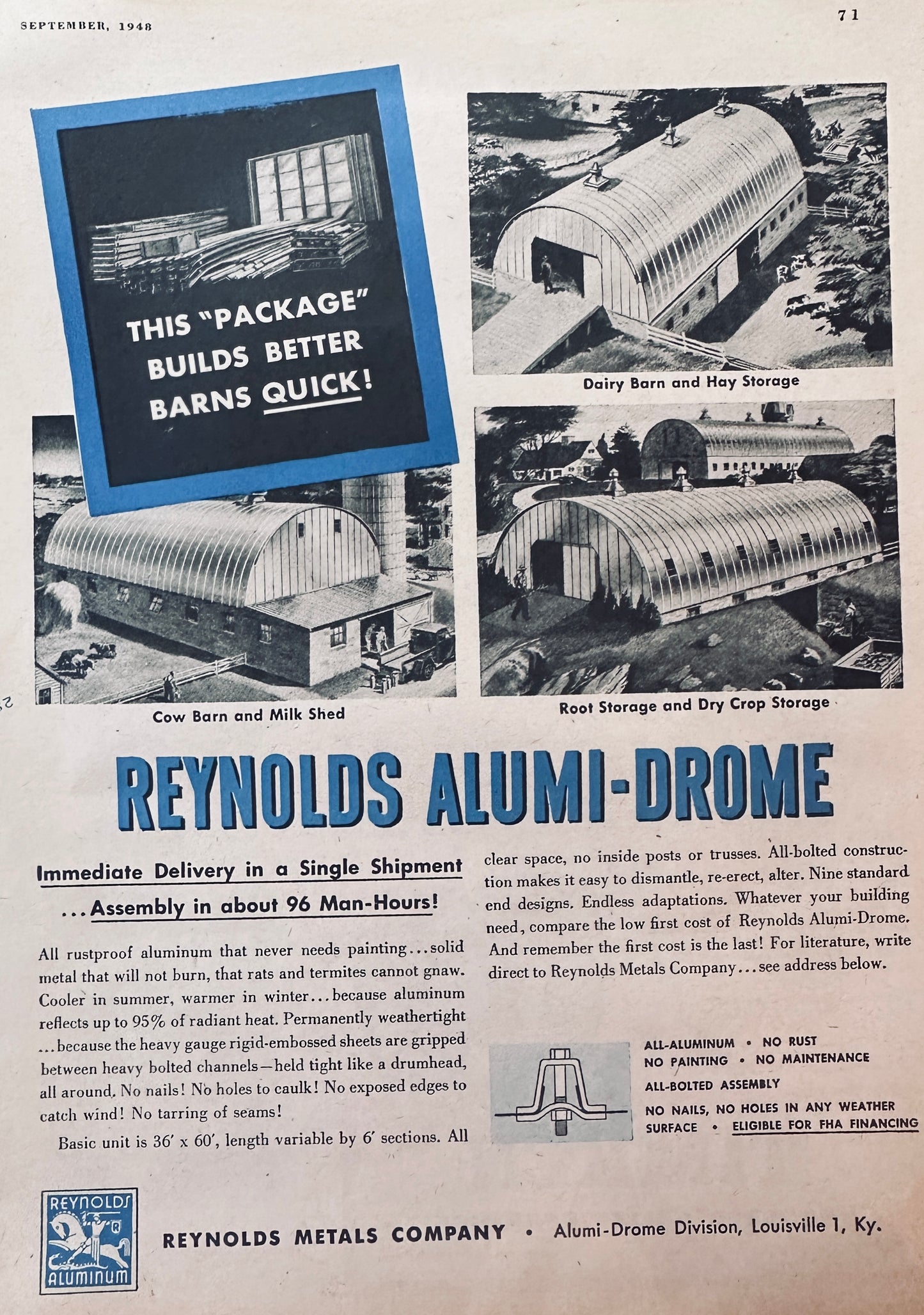 1948 Reynolds Alumi-Drome Barns Louisville, KY Post WWII Ad N801