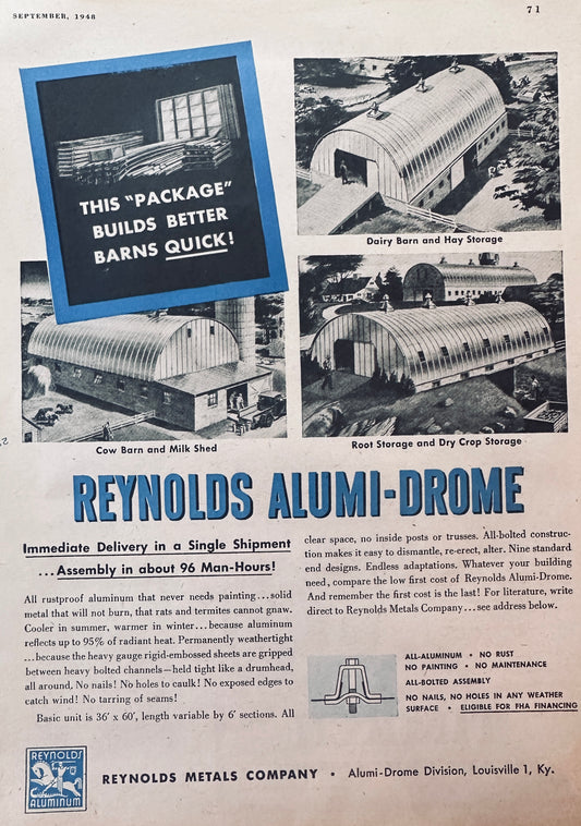 1948 Reynolds Alumi-Drome Barns Louisville, KY Post WWII Ad N801