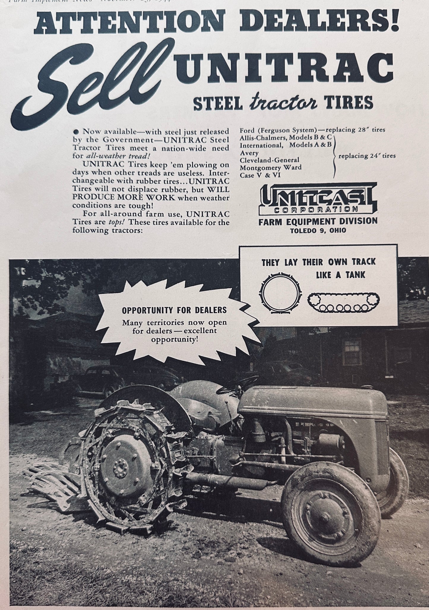 1944 WWII Era UNITRAC Steel Tractor Tires - Toledo, Ohio Vintage Ad N919