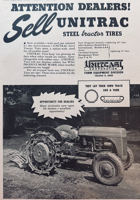 1944 WWII Era UNITRAC Steel Tractor Tires - Toledo, Ohio Vintage Ad N919