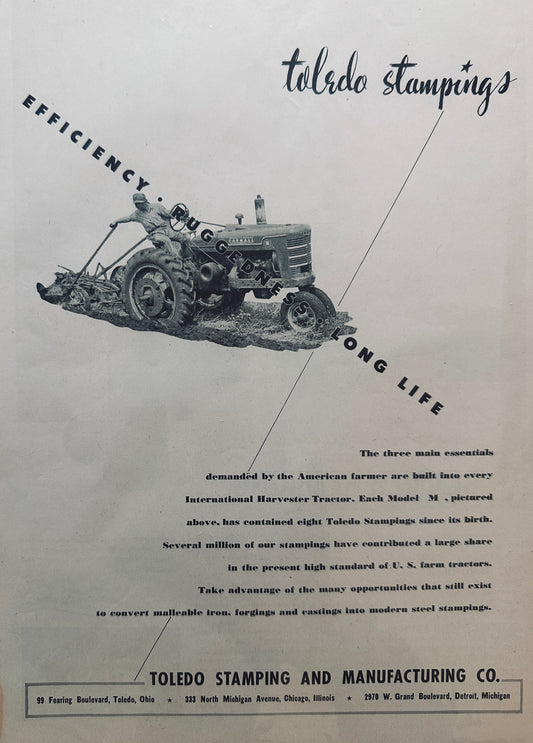 1944 Toledo Stampings on International Harvester Farmall Tractor WWII Era Ad N486