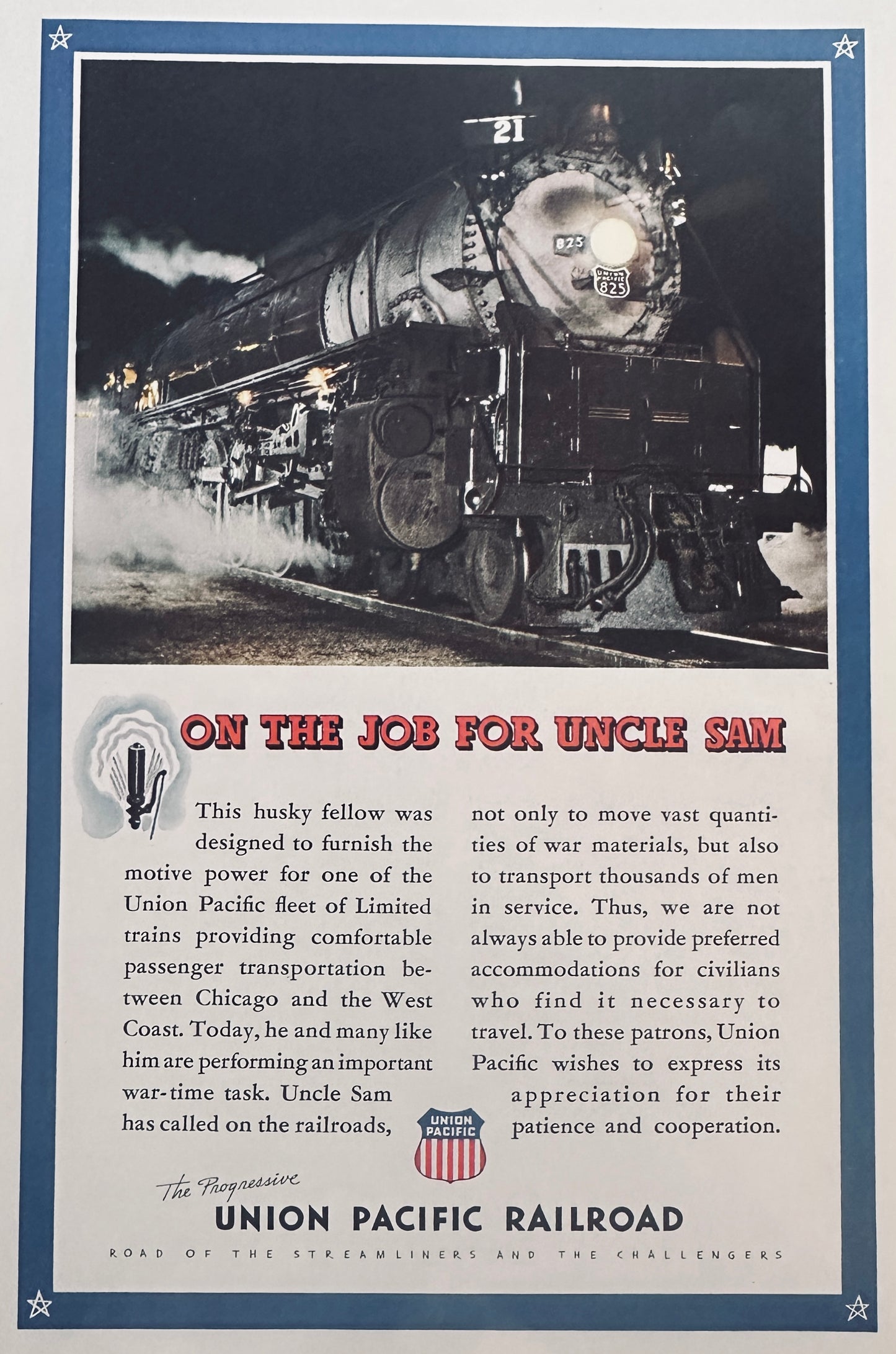 1944 Lot of (4) WWII Era Union Pacific Train Ads Featuring Engines N909