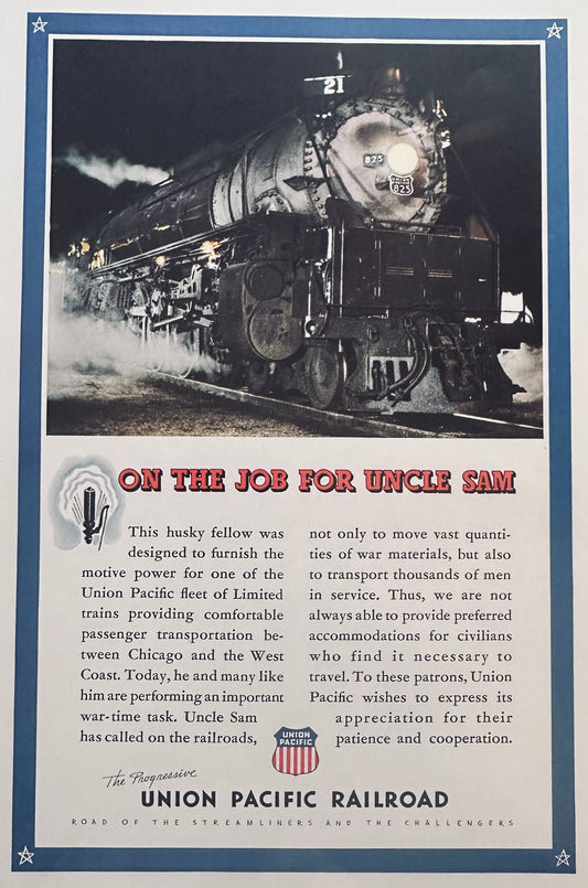 1944 Lot of (4) WWII Era Union Pacific Train Ads Featuring Engines N909