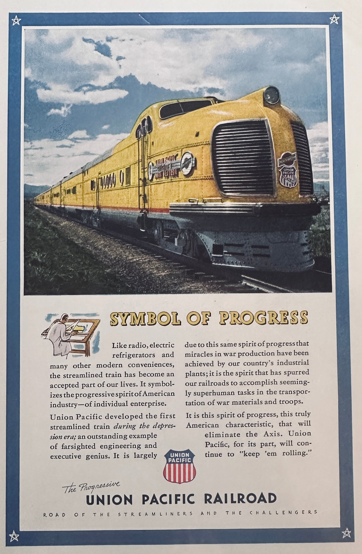 1944 Lot of (4) WWII Era Union Pacific Train Ads Featuring Engines N909
