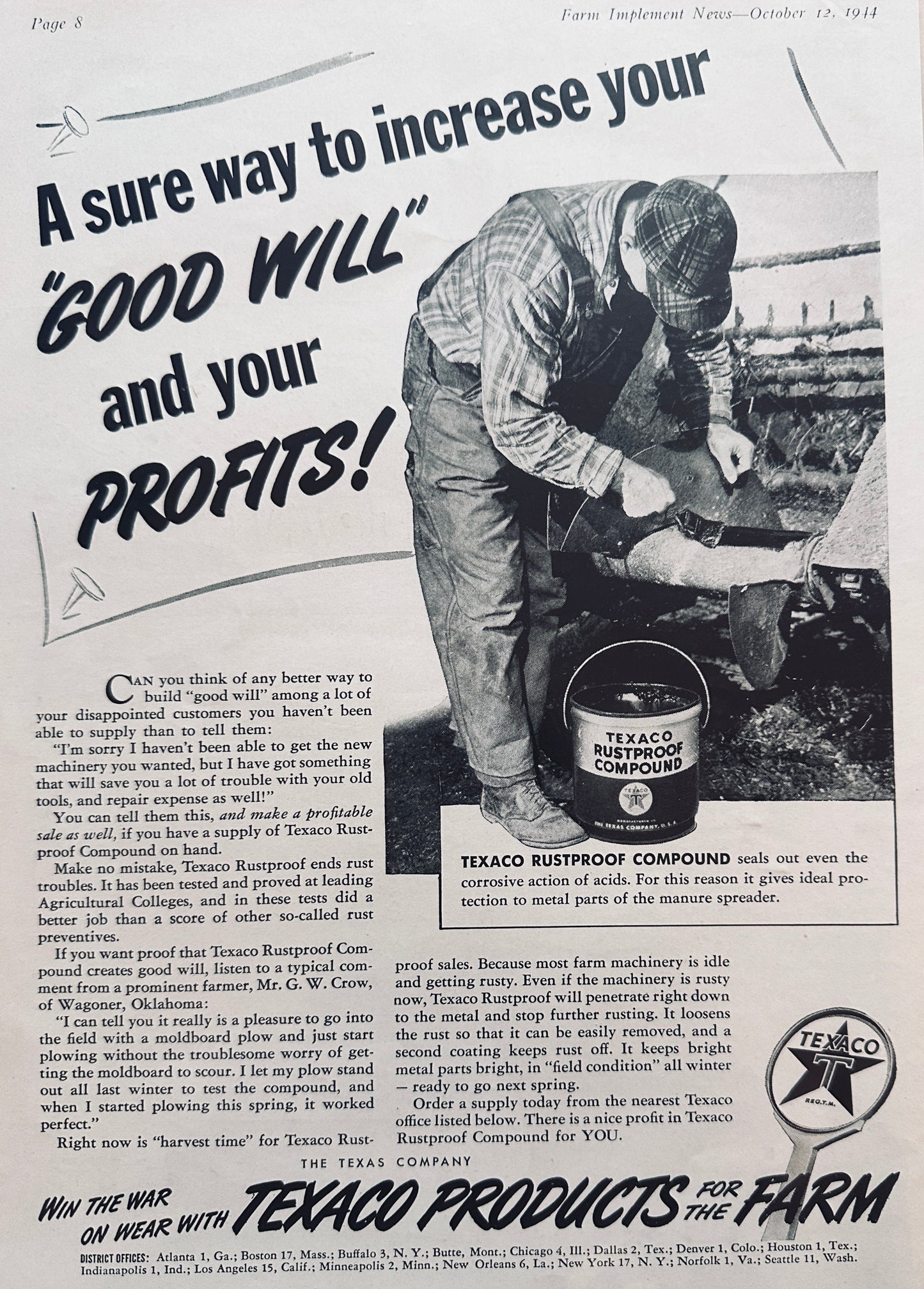 1944 & 1948 Lot of (3) Texaco Products for the Farm Vintage Ads N880