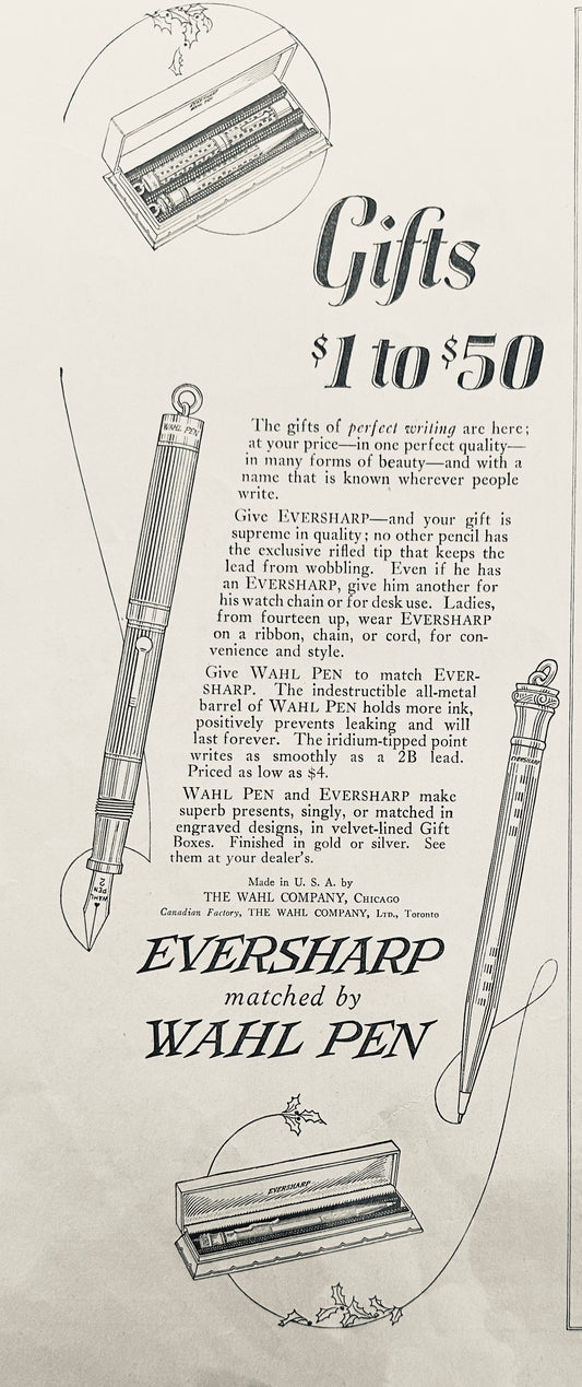 1922 Eversharp Pencil & Wahl Pen Set Vintage Ad