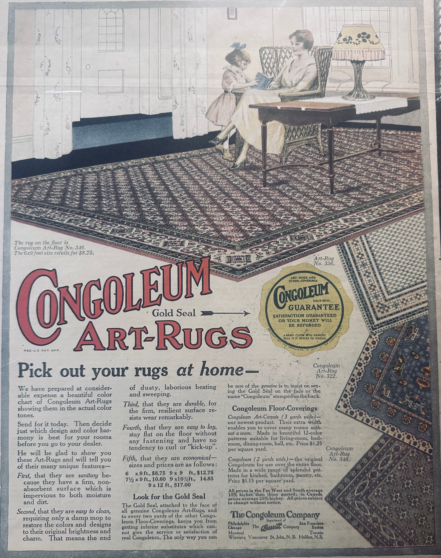 1919-1920 Lot of (3) Congoleum Art Rugs Vintage Ads #740 - #750 Masterpiece