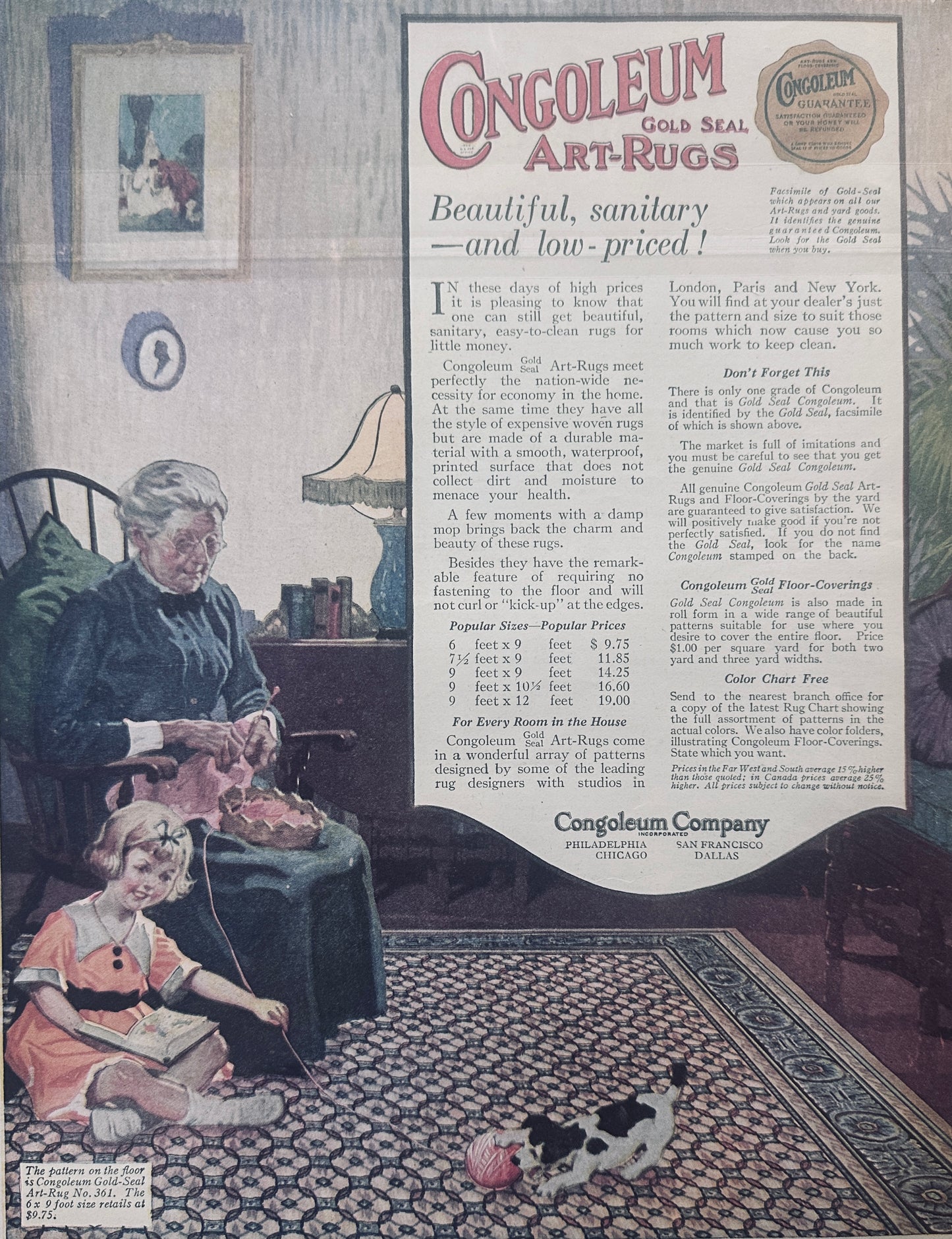 1919-1920 Lot of (3) Congoleum Art Rugs Vintage Ads #740 - #750 Masterpiece