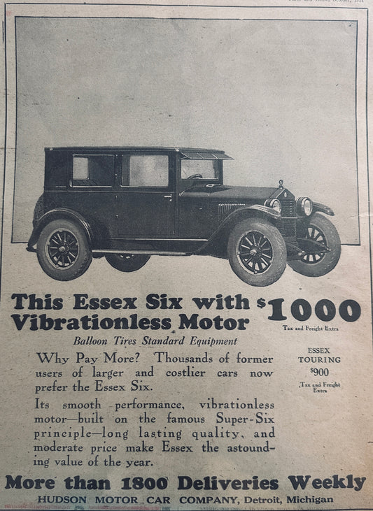 1924 Essex Six With Vibrationless Motor Vintage Ad #753