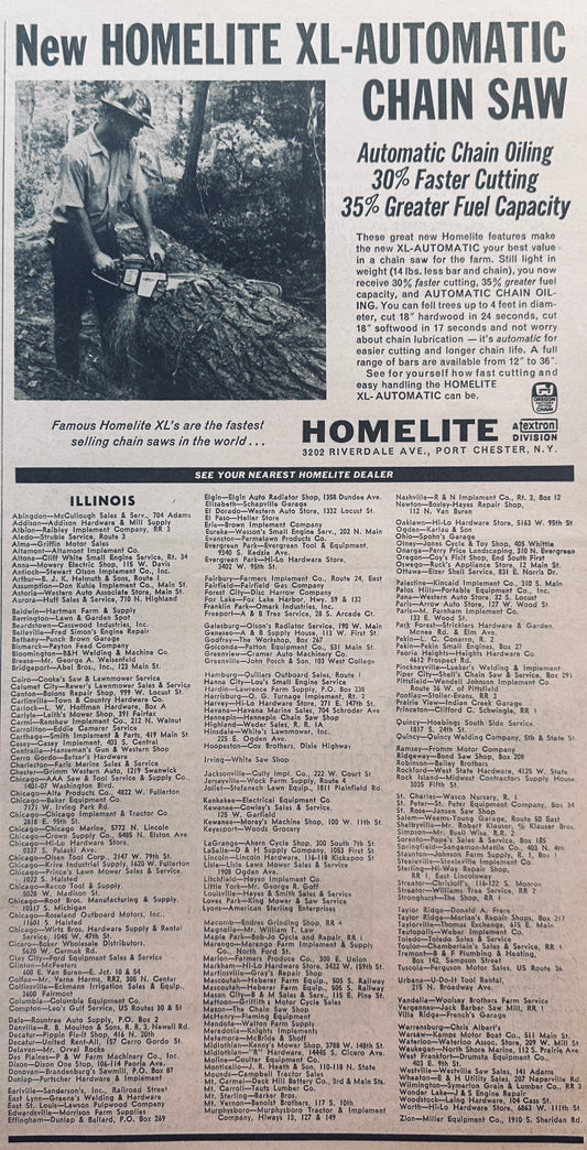 1965 Homelite Chainsaw XL-Automatic with List of IL Dealers #780