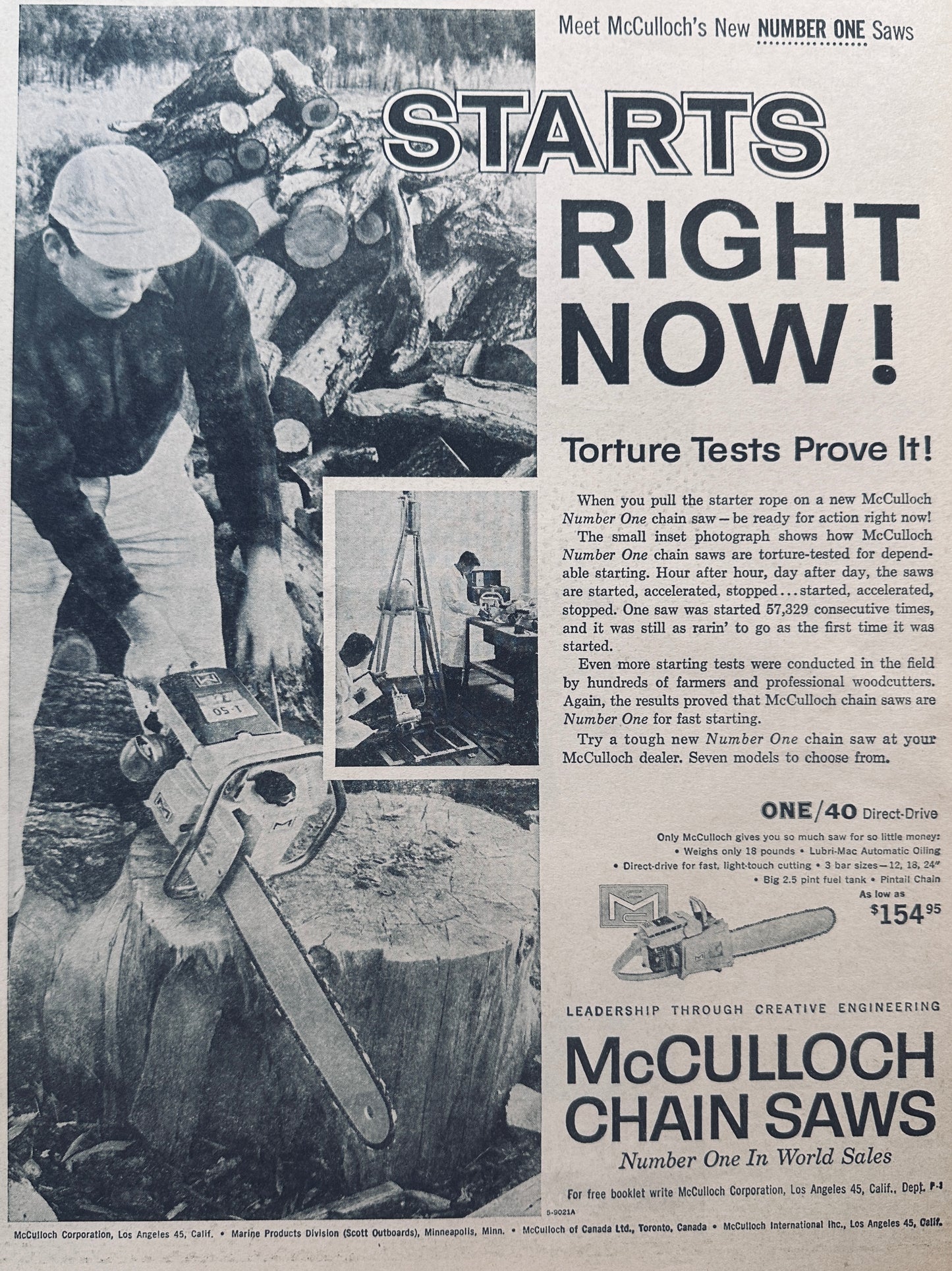 1959 McCulloch Number One Chain Saw #782 Vintage Ad