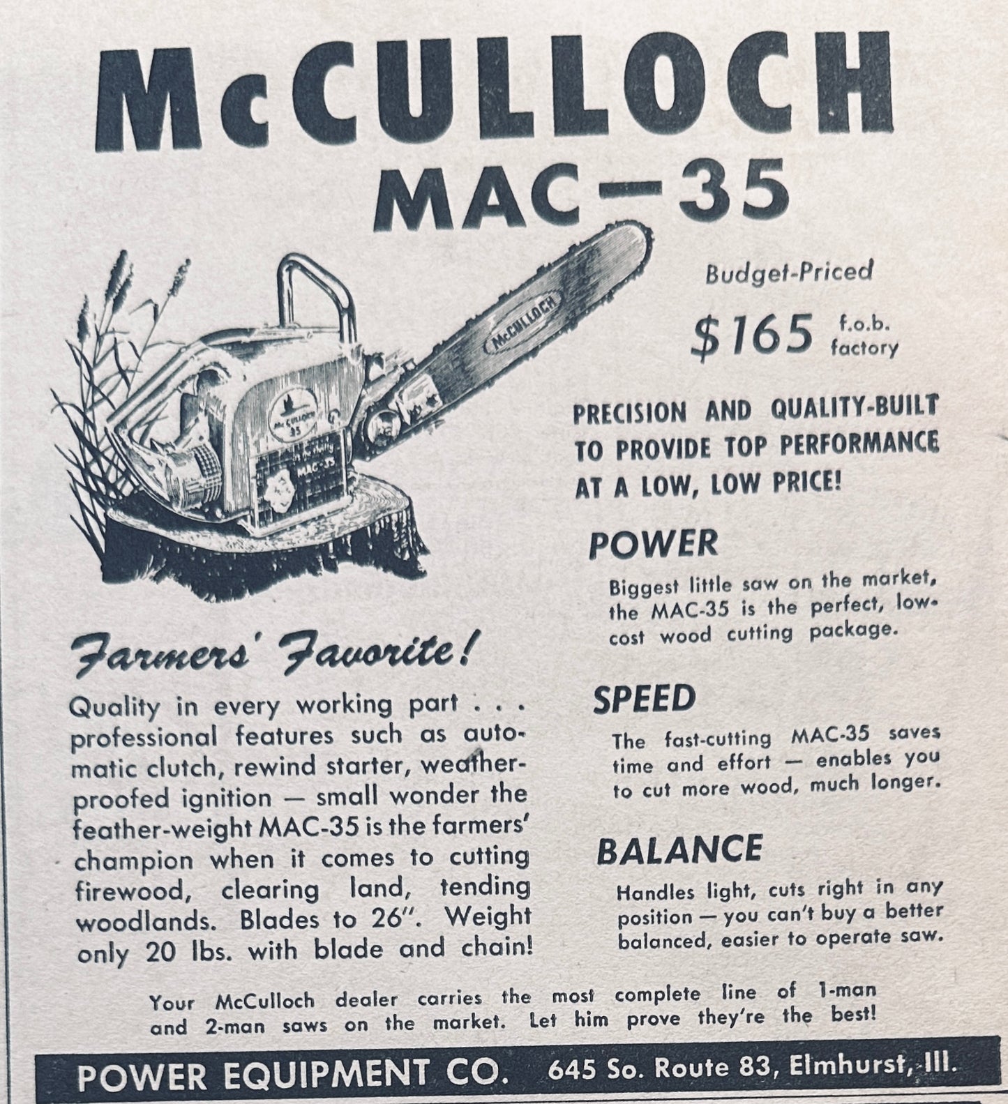 1957 & 1959 McCulloch Chain Saw Vintage Ads - 5 Models Shown #783