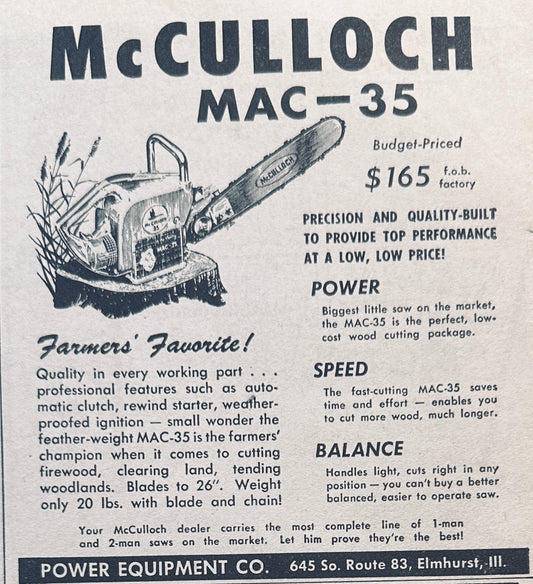 1957 & 1959 McCulloch Chain Saw Vintage Ads - 5 Models Shown #783