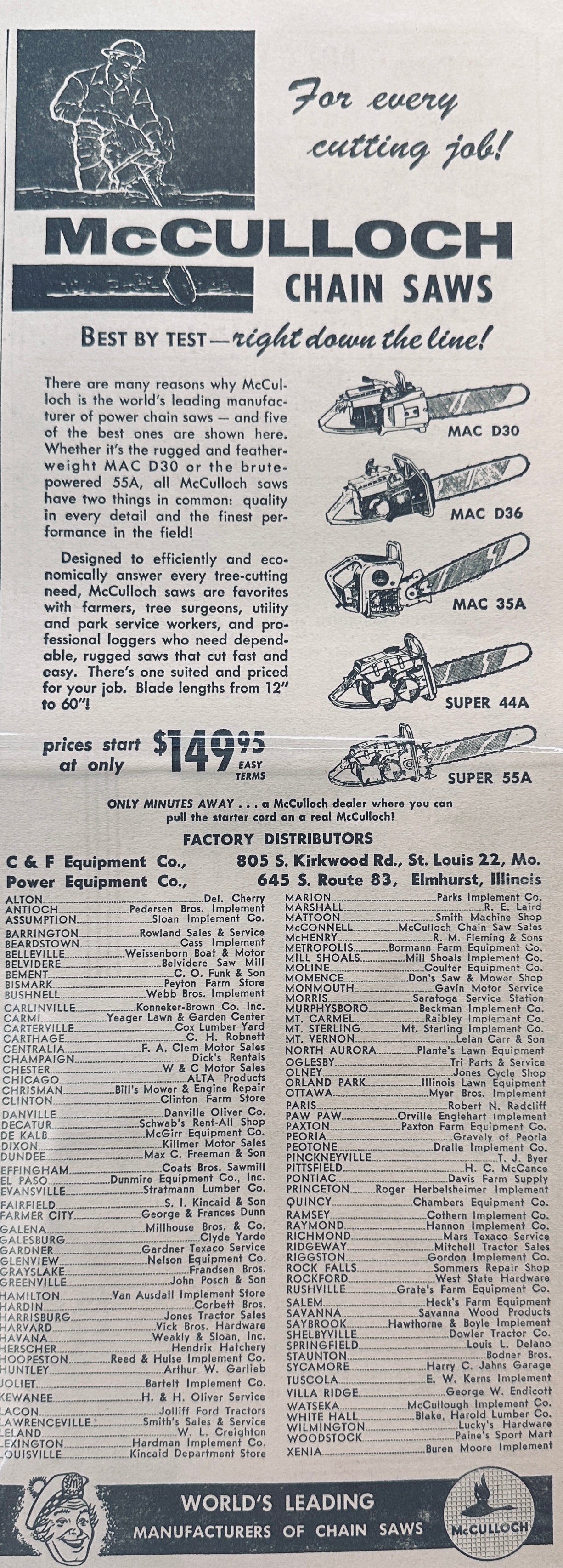 1957 & 1959 McCulloch Chain Saw Vintage Ads - 5 Models Shown #783