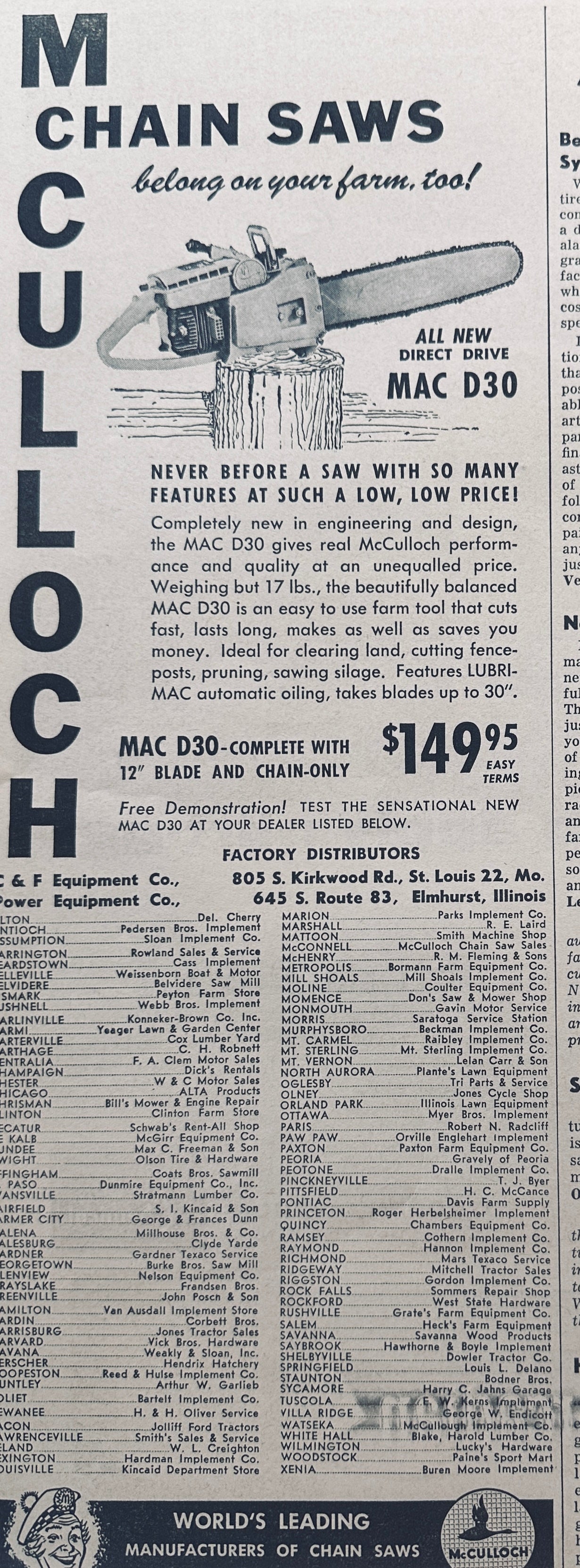 1959 McCulloch MAC D30 Chain Saw with Direct Drive #784