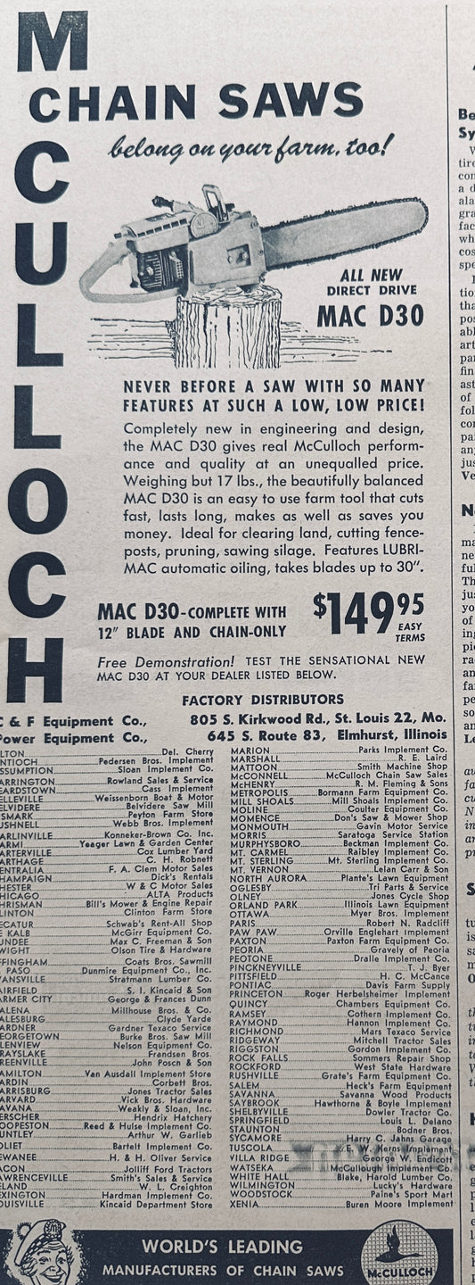 1959 McCulloch MAC D30 Chain Saw with Direct Drive #784