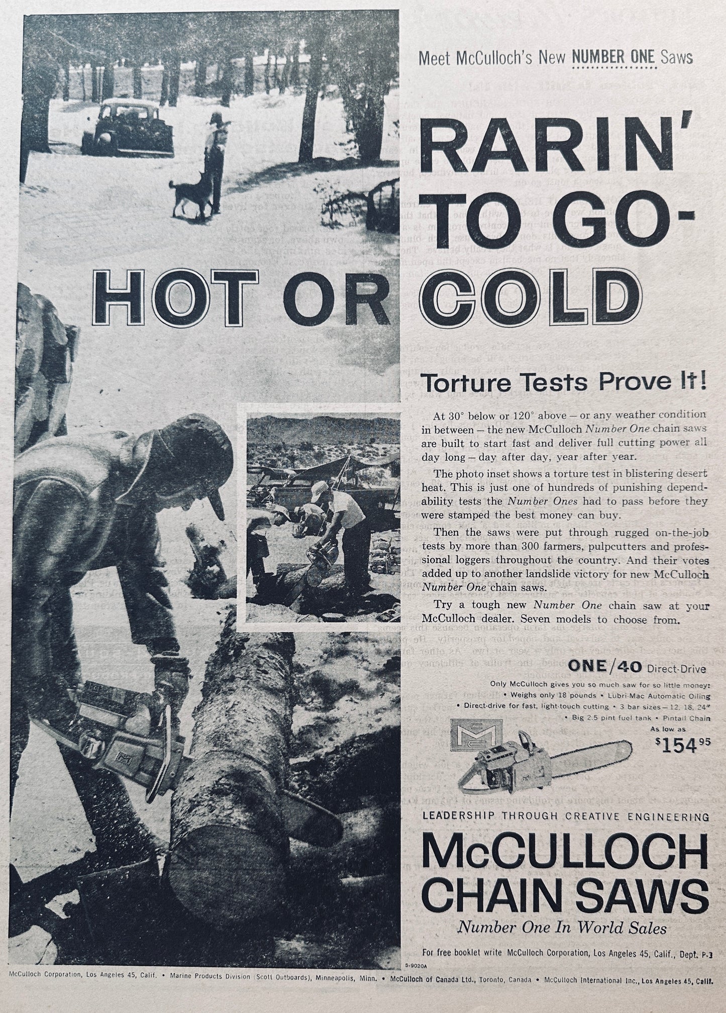 1959 Lot of (2) McCulloch Chain Saw ads #786 One/40 And Truckload Event
