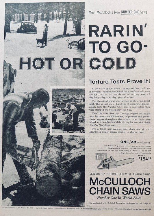 1959 Lot of (2) McCulloch Chain Saw ads #786 One/40 And Truckload Event