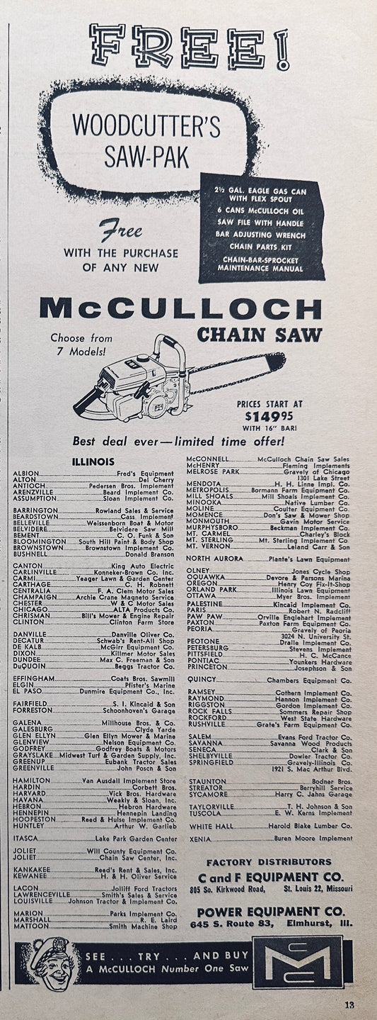 1961, 1962 & 1965 Lot of (3) McCulloch Chainsaw Ads #787