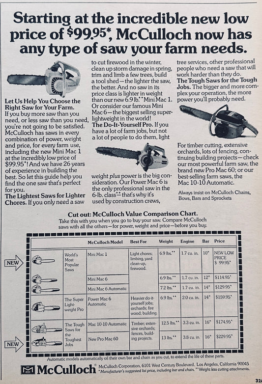 1972 McCulloch Chain Saws Now has Any Type Saw Your Farm Needs #119-1
