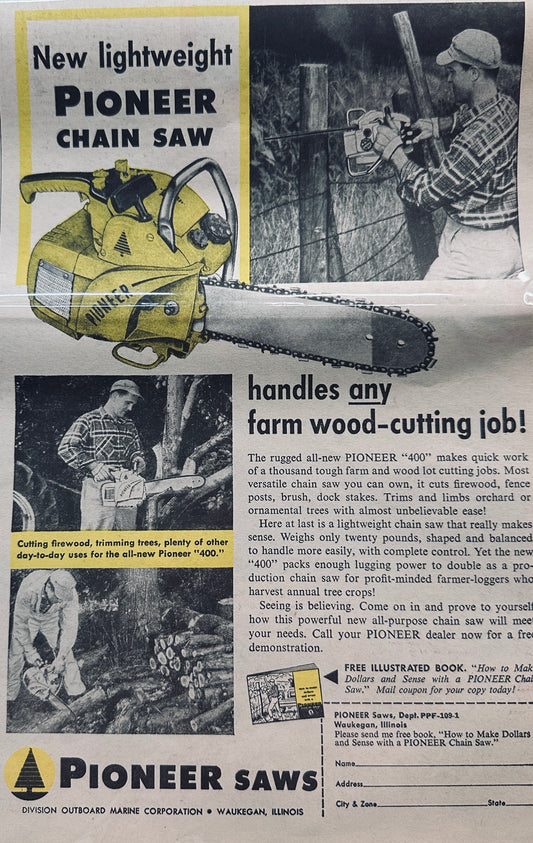 1959 New Lightweight Pioneer "400" Chain Saw Ad #792