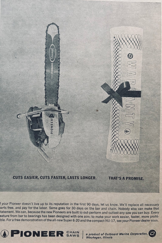 1962 Pioneer Super 6-20 and NU-17 Chain Saws Vintage Ad #795