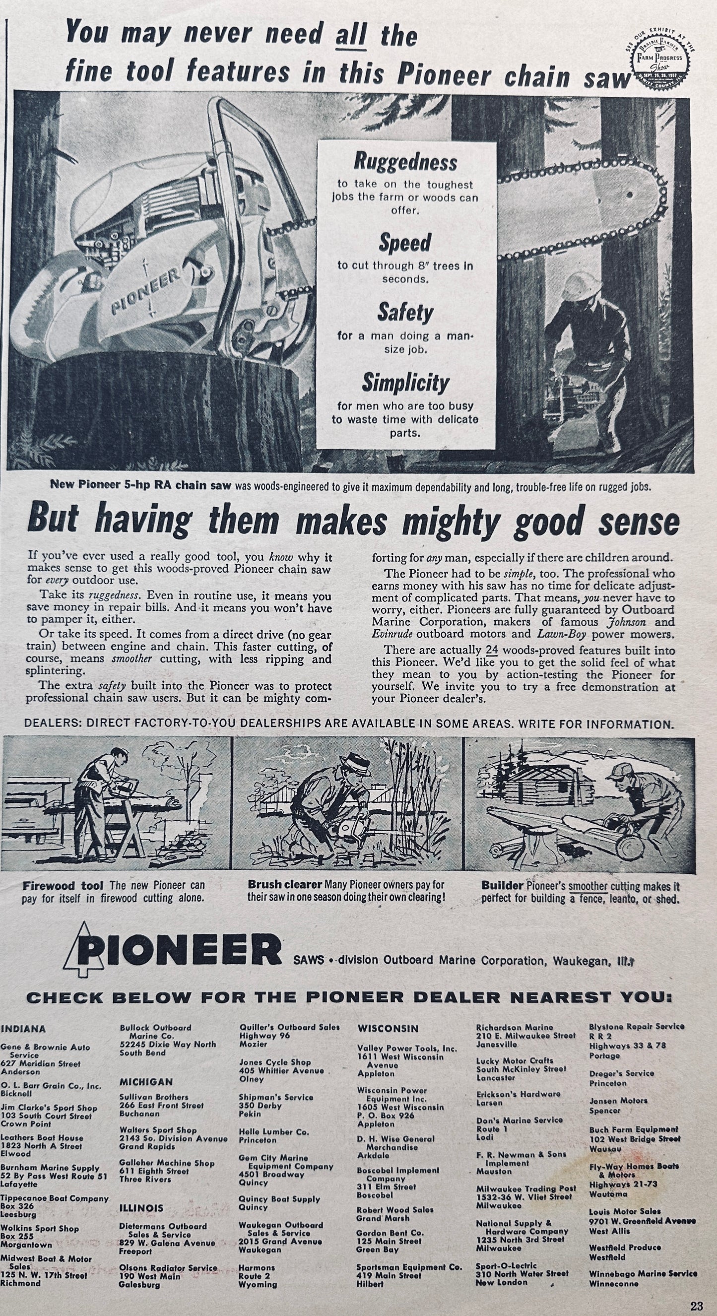 1957 Pioneer 5hp RA Chain Saws #791 Division of Outdoor Marine Vintage Ad