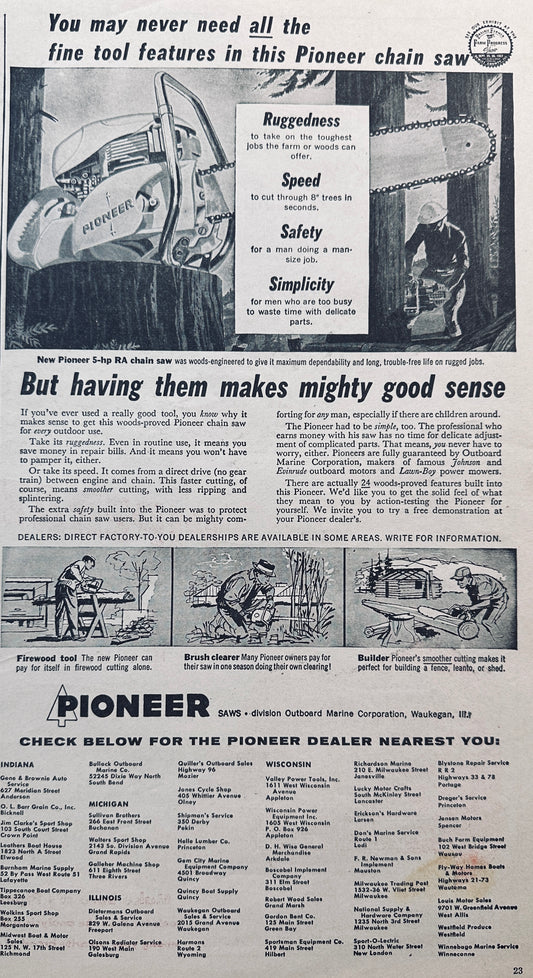 1957 Pioneer 5hp RA Chain Saws #791 Division of Outdoor Marine Vintage Ad